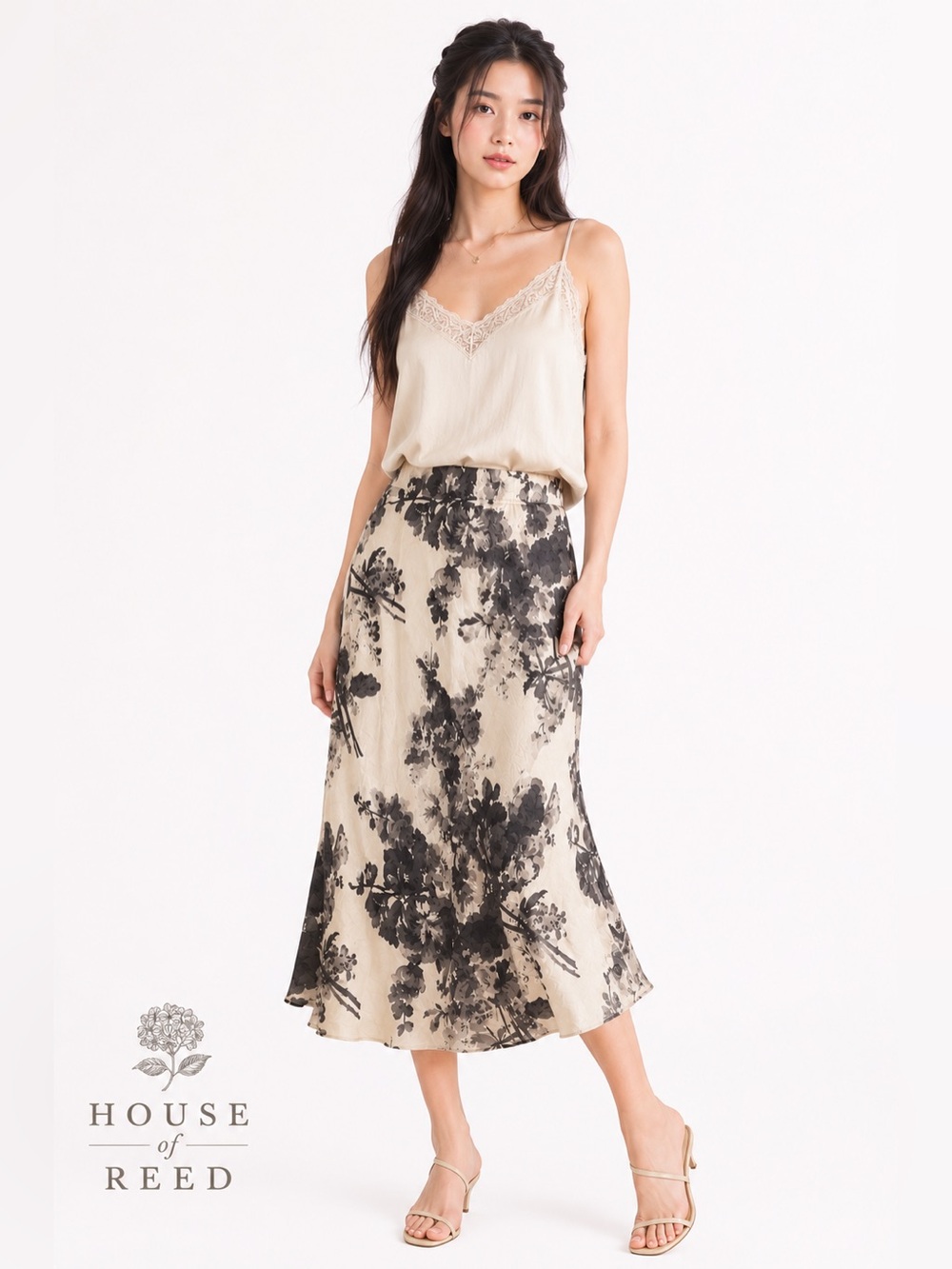 Gold Hawk 100% Silk Floral Bias Cut Midi Skirt Cream Black Satin Slip Skirt M